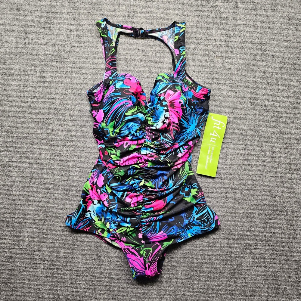 Fit 4 U Tummy Control One Piece Swimsuit Floral Ruched Black Multi Size 16 NWT